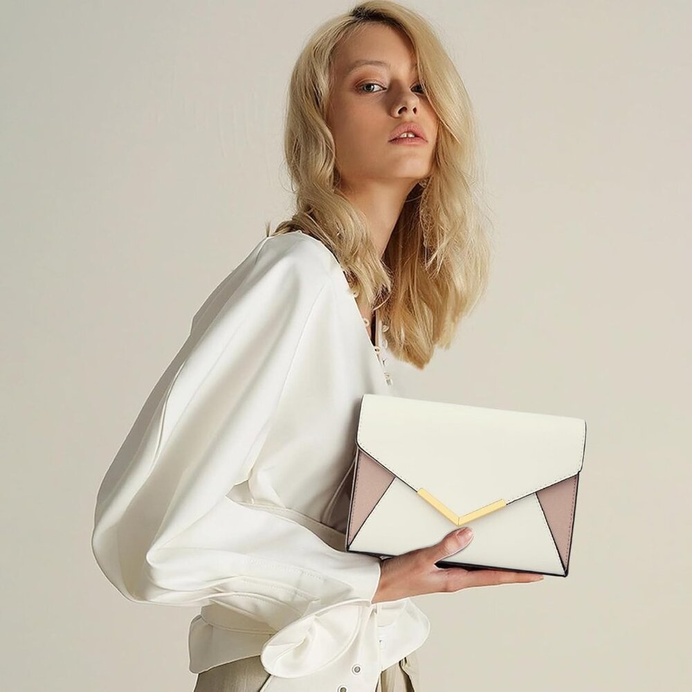 ⚡ Women's White Cream Leather Elegant Snap Closure Envelope Foldover Clutch Bag